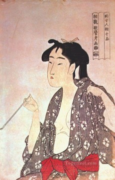 喜多川歌麿 Painting - 喫煙する女性 喜多川歌麿 浮世絵美人が